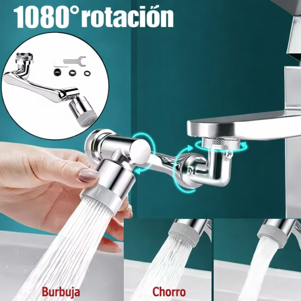 Adaptador de Grifo Giratorio 1080° con Doble Chorro – Ahorra Agua y Limpia sin Salpicaduras