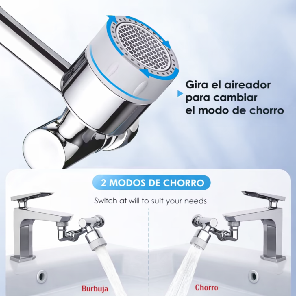 Adaptador de Grifo Giratorio 1080° con Doble Chorro – Ahorra Agua y Limpia sin Salpicaduras